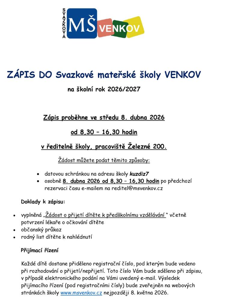 Zápis do&nbsp;MŠ 2026/2027